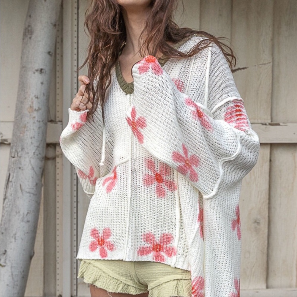 POL - Flower Print Hooded Lightweight Knit Sweater Hoodie - Picture 6 of 11